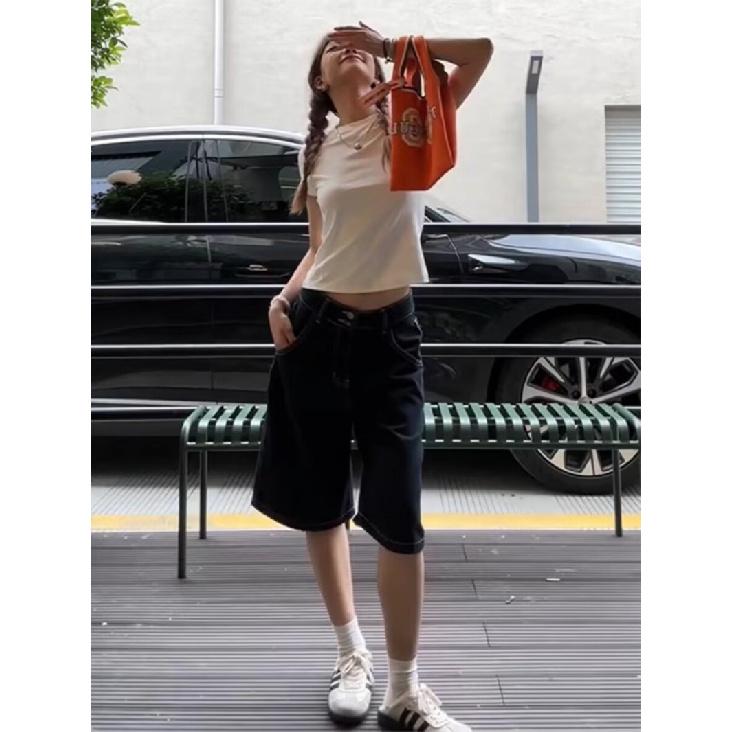 American-style black denim shorts for women, summer high-waisted slimming straight loose versatile 5-point wide-leg mid-length pants
