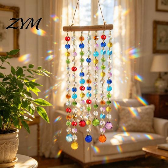 Crystal Bead Window Decoration Suncatchers, Crystals Hanging Suncatcher, Colorful Glass Beads Chain Outdoor Garden Ornament Wind Chimes for Porch Home