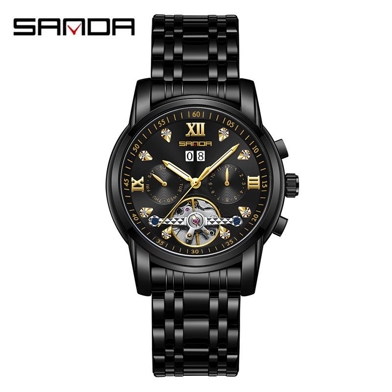 SANDA Новый продукт, мужские автоматические механические часы со стальным ремешком, кварцевые модные полые мужские часы