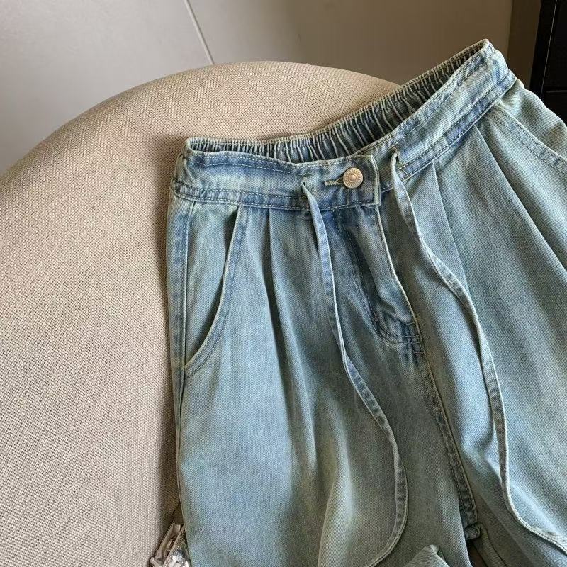 Women's Y2K Wide Leg Pants Zipper Elastic Waist Ice Silk Cool Soft Denim Loose Fit Ladies Jeans