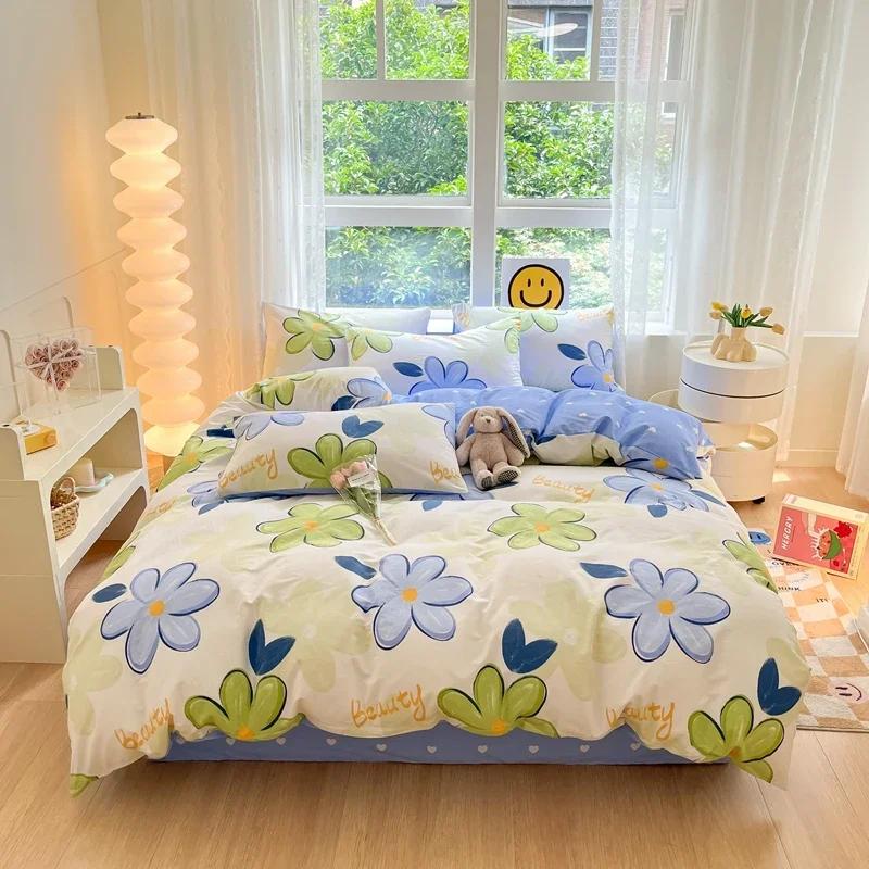 Комплект постельного белья из 3 предметов с цветными цветами в мультяшном стиле из 100% хлопка, мягкий и приятный на ощупь, с 2 наволочками