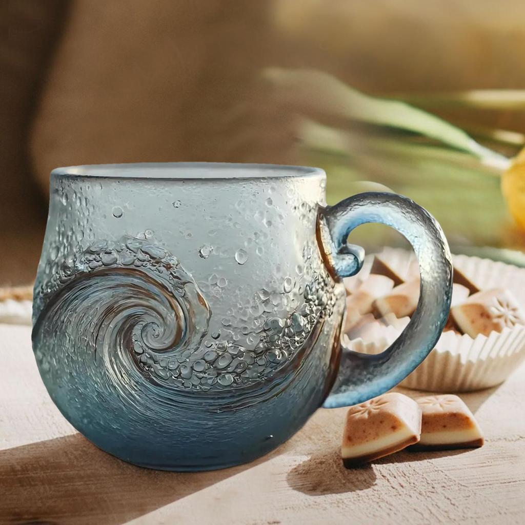 Sea Glass Wave Mug 300ml Elegant Ocean Wave Design Glass Cup With Handle For Home Coffee, Office & Beach House