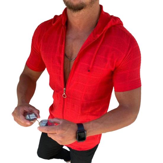 Мужская футболка с капюшоном, короткими рукавами, клетчатая футболка на молнии, повседневный тонкий летний топ для спорта, отдыха на природе, пляжа