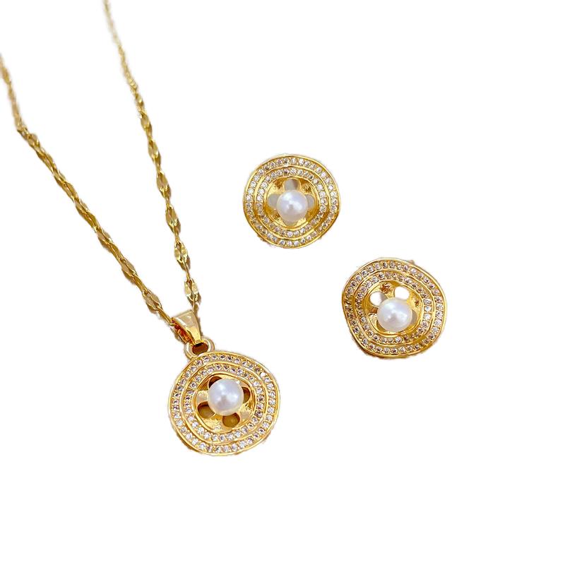 Fashion 18K Gold Plated Zircon Floral Round Pearl Stainless Steel Necklace Earrings Jewelry Set for Women Wedding Romantic Gift