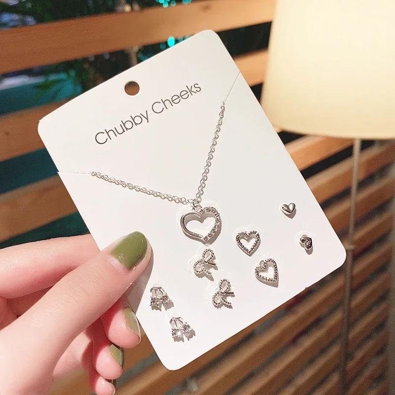 A Suit of Summertime Dazzle Colour Small Stone Sweet Earrings SetS for Women Crystal Clear Butterfly Love Heart Set Paty Jewerly