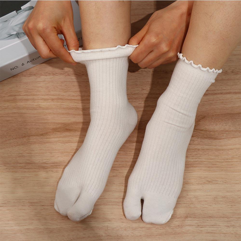 Candy Color Split Toe Cotton Ruffles Two Finger Socks Hosiery Two Toe Socks Middle Tube Socks