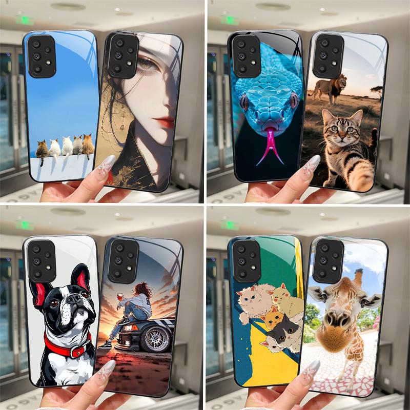 Cute Cartoon Cats Flower Case For Samsung Galaxy A52 A52S A72 4G 5G Tempered Glass Phone Case Protective Back Cover Hard Shell