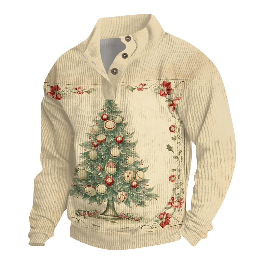 Мужская рождественская хлопковая рубашка-пуловер с длинным рукавом для активного отдыха, винтажная вельветовая рубашка с воротником-стойкой и пуговицами, повседневная толстовка с рождественским принтом