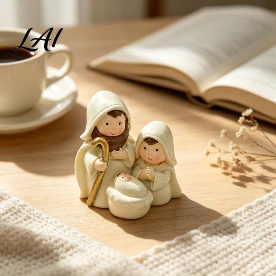 Miniature Holy Family Resin Figurine Cute Cartoon Nativity Scene Ornament for Christmas Decor Desktop Shelf Decoration Hand Painted Parents and Kid