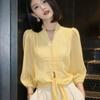 Women Yellow V Neck Chiffon Blouse 3 4 Sleeve Casual Top