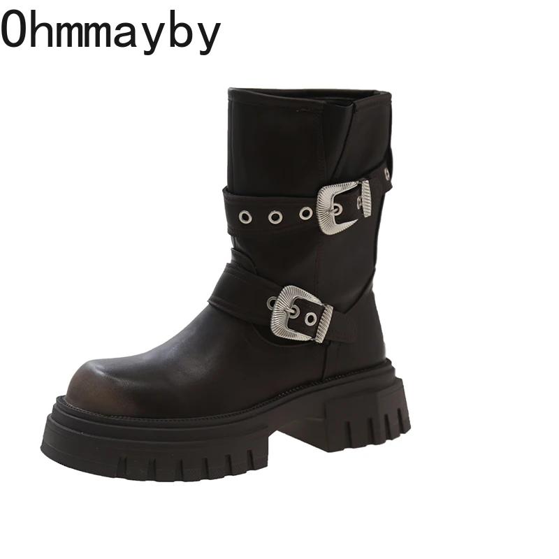 Fashion Platform Heel Women Western Cowgirl Boots Fashion Slip On Belt Buckle Short Boots Autumn Winter Thick Bottom Women's Shoes