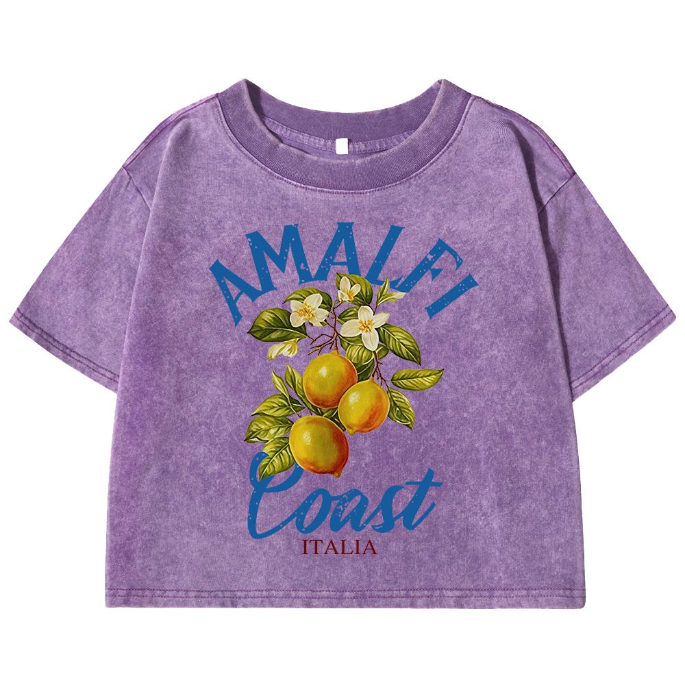 Amalfi Coast Lemon & Fruit Printing Women Washed Slim T Shirts Cotton Summer T-Shirt Retro Clothing Short Sleeve