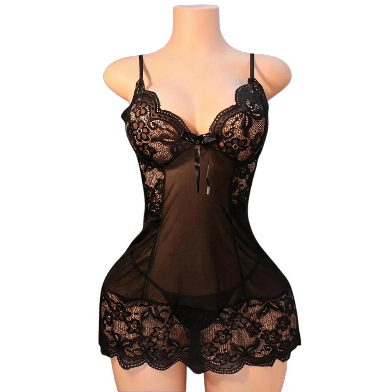 Transparent Sexy Lingerie Women Underwear Deep V See Through Sleepwear Lace Nightdress Thongs Pijamas Sets Female Bodycon Nighty