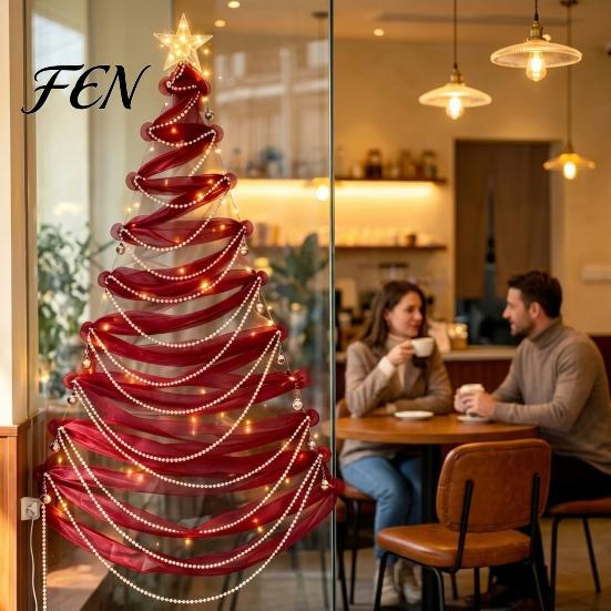Holiday Wall Backdrop Decoration DIY Lighted Christmas Tree Decor Kit, Hanging Fabric Ornament Set Reusable Crafting Kit for Window Wall, Handmade