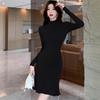 Осенне-зимнее облегающее трикотажное женское платье с длинным рукавом, А-силуэт, оборки, свитер, платья для женщин, повседневное, с высокой талией, элегантное, короткое платье 25958