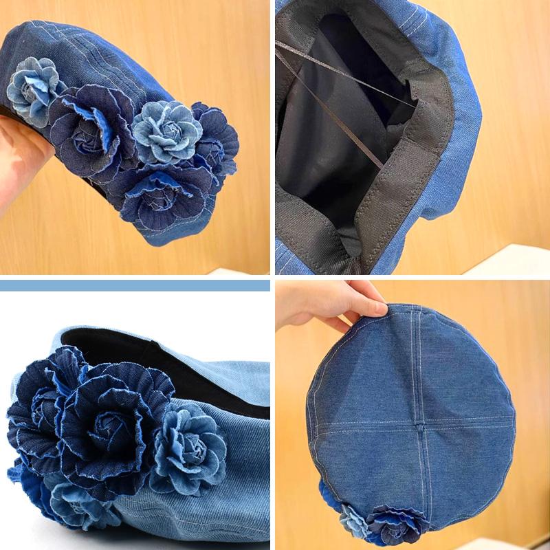 Винтажная кепка художника из джинсовой ткани, синяя шляпа с камелией, модный берет, женские элегантные модные шляпы
