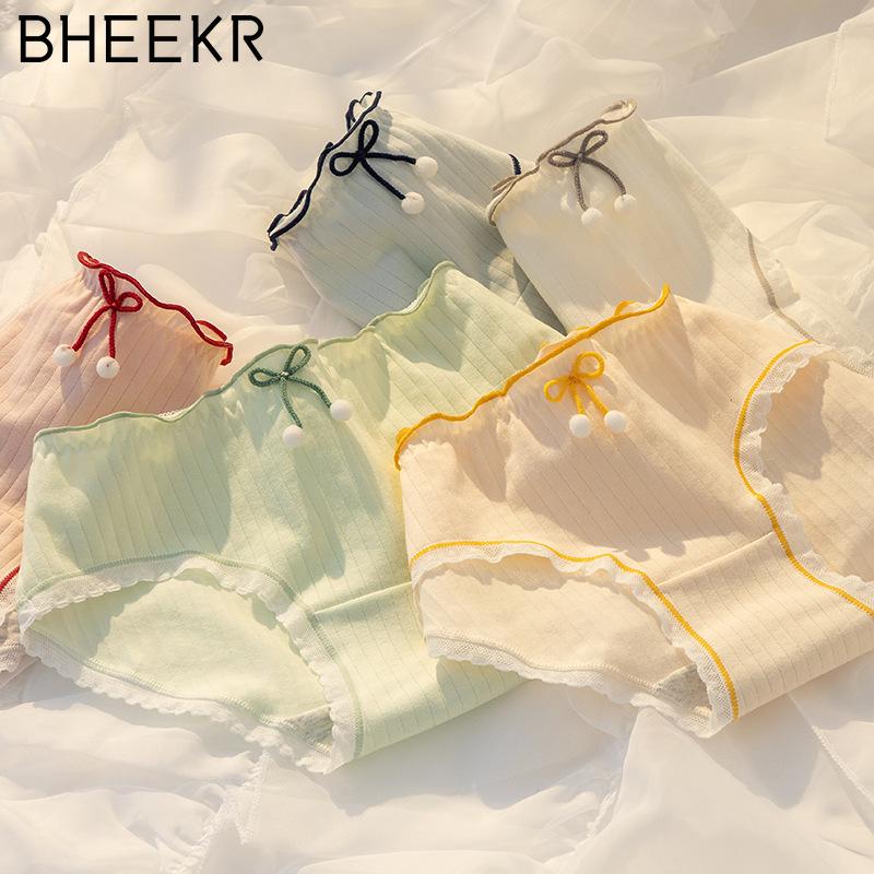 5pcs/set Hairball Bow Simple Girl Cotton Crotch Panties Female Mid-waist Sweet Student Briefs