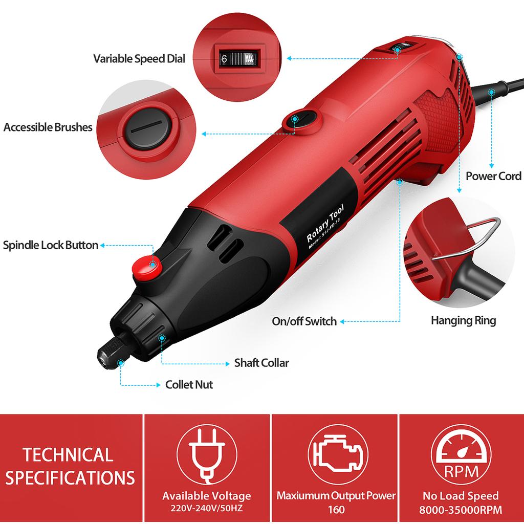 AC Rotary Tool Kit Electric Grinder 6 Variable Speeds 8000-35000RPM 170W for Polishing Carving and