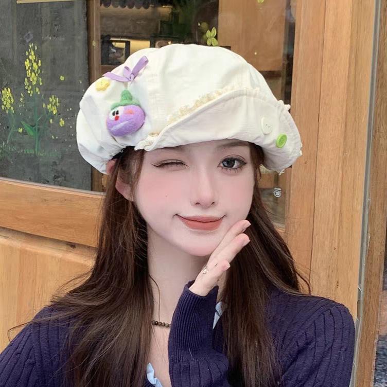 Cute star turned brim cotton and linen octagonal hat women's spring and summer face little beret sweet versatile cloud painter hat