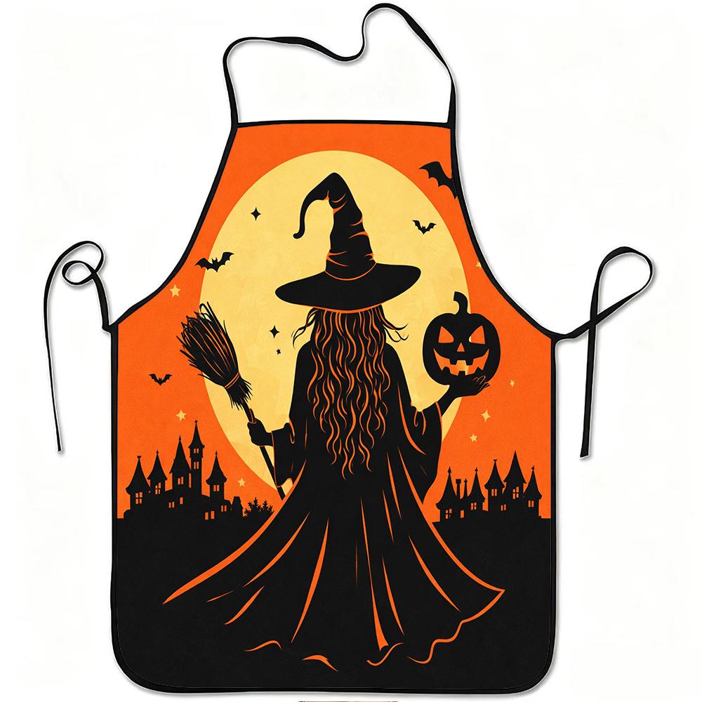 1pc Halloween Witch Pumpkin Moon Print Apron, Durable And Easy to Clean, Adjustable Waistband, Polyester Material, for Kitchen C
