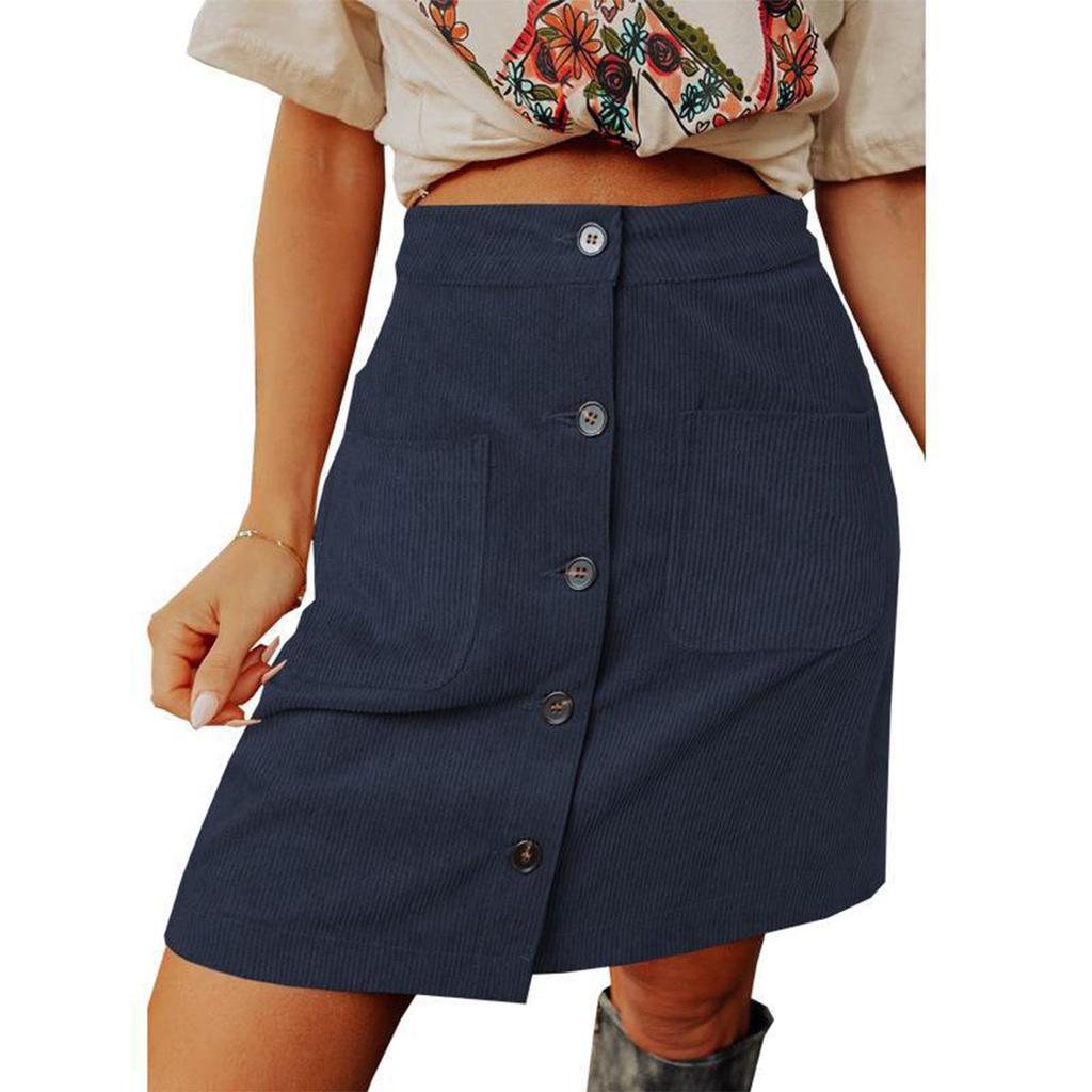 Women's Fashion Solid Color High Waist Corduroy Skirt Button Design Short Skirt