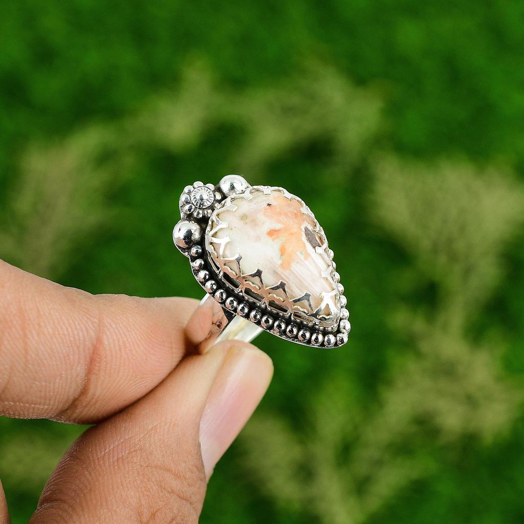 Gift For Women Statement Adjustable Ring 925 Silver Natural Scolecite Gemstone