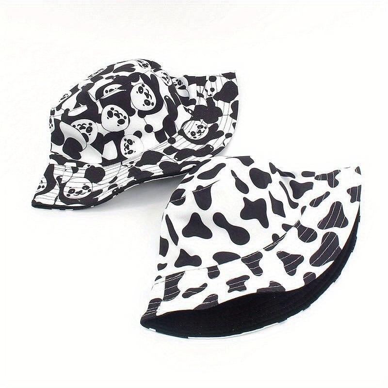 Women Reversible Black White Cow Panda Zebra Pattern Bucket Hats Fisherman Caps