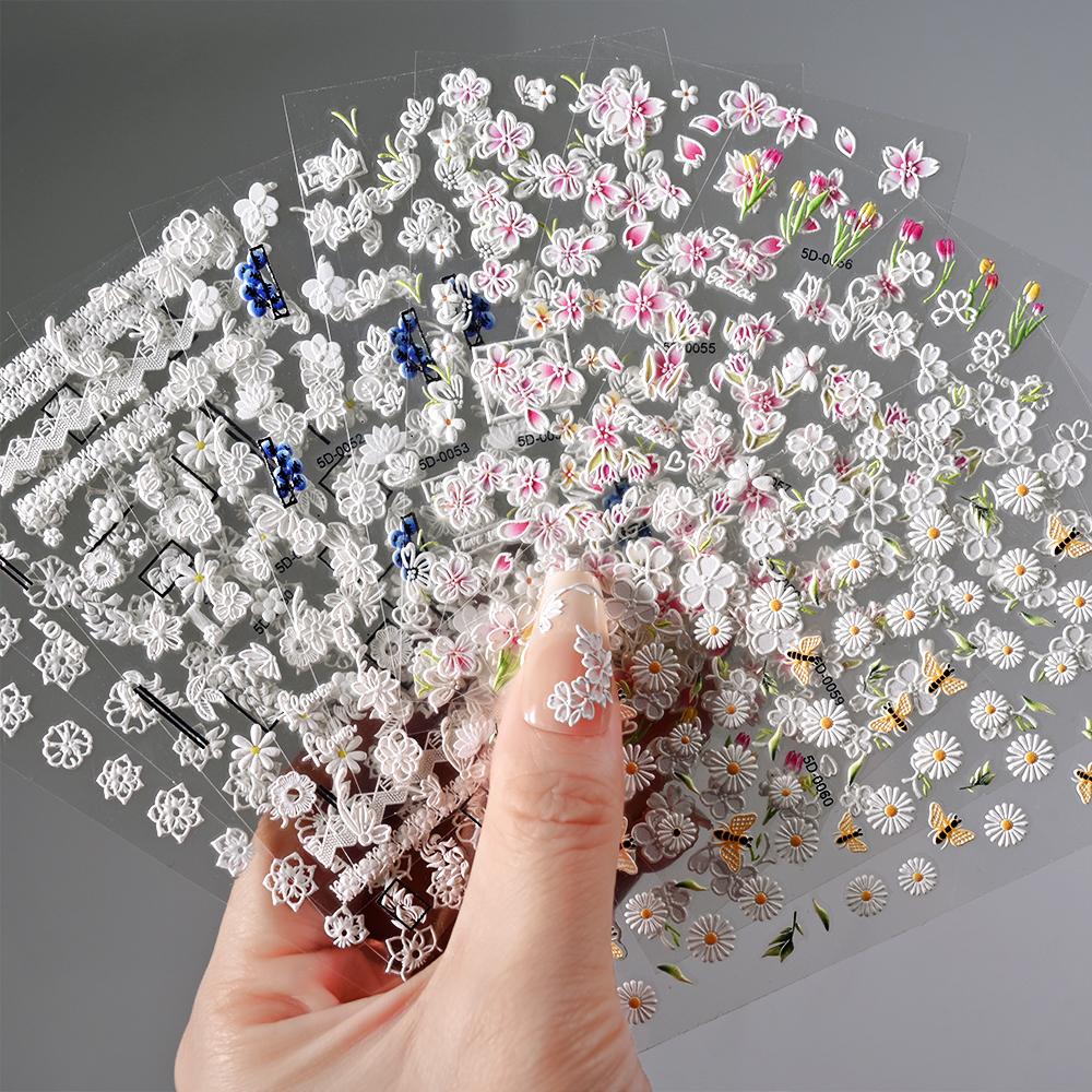 1pc 5D Bee Butterfly Flower Embossed Nail Sticker Self-Adhesive Acrylic Sunflower Engrave Decal Manicure Slider Decoration6x10cm