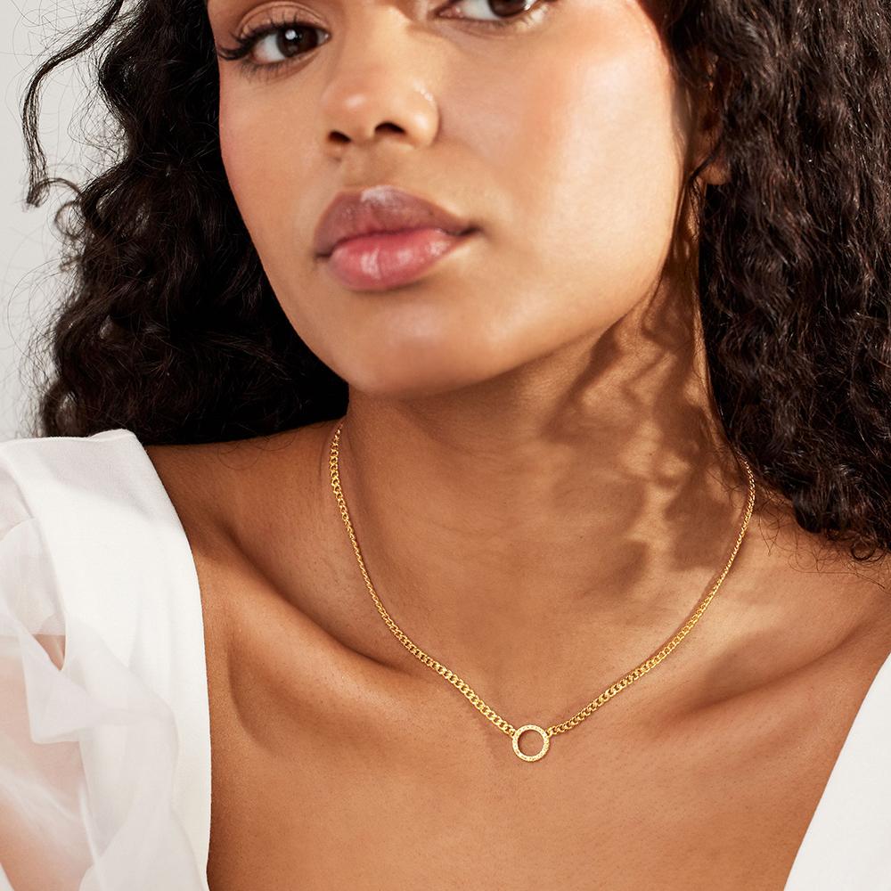 Cuban Chain Circle Zircon Pendant Necklace Gold Tone Round Hollow Design Minimalist Fashion Jewelry for Women