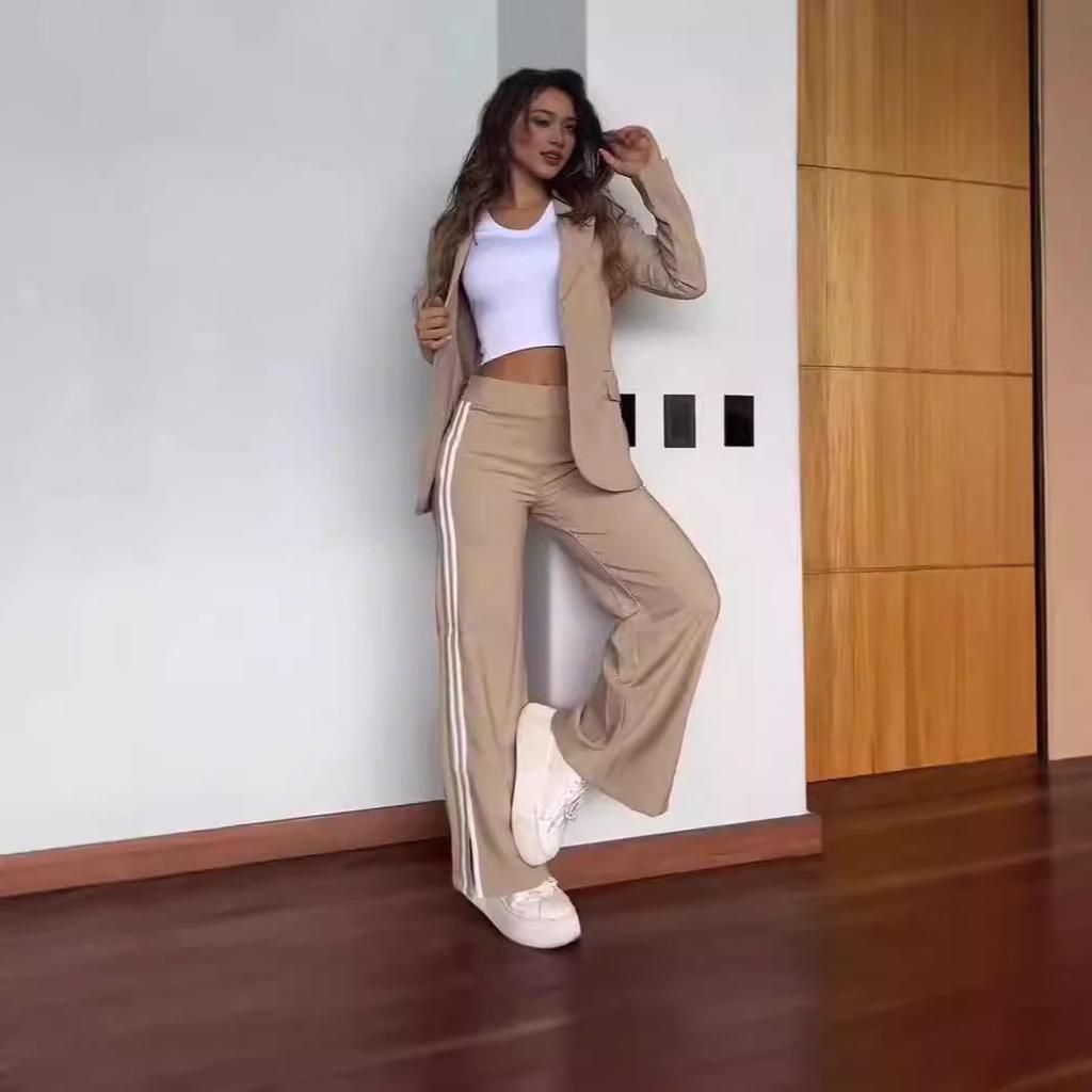 Women's Autumn/Winter Casual Lapel Suit with Wide-Leg Pants - European & American Style Two-Piece Set