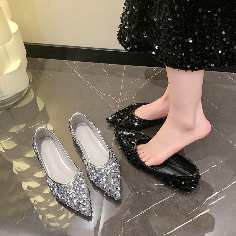 Французские женские туфли с пайетками, с мелким вырезом, весна 2025, новая модель, на плоской подошве, на один педаль, фея, нежные, с юбкой, туфли Doudou