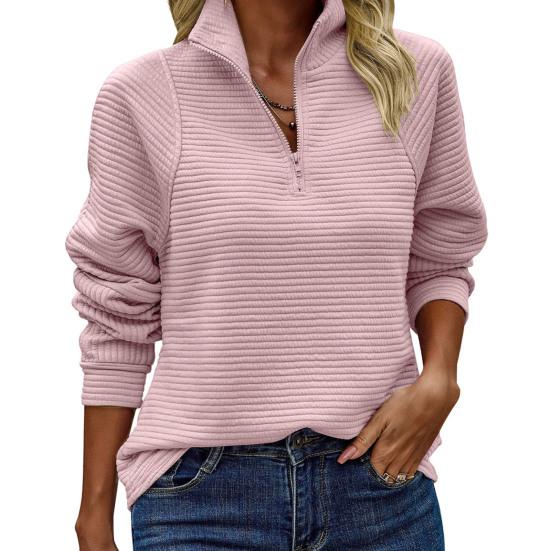 Women Fall Spring Sweatshirt Zippered Stand Collar Long Sleeves Solid Color Patchwork Loose Pullover Sport Daily