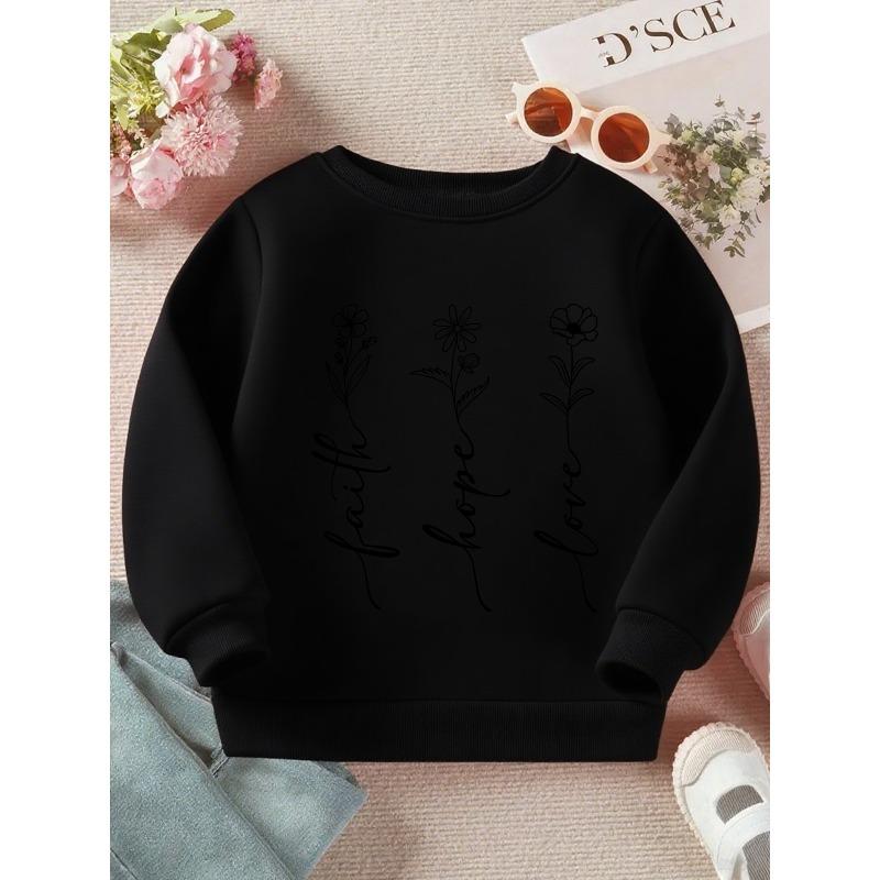 Kids Crewneck Long Sleeve Sweatshirt, Floral Calligraphy Graphic Print, Cozy Fall Winter Pullover
