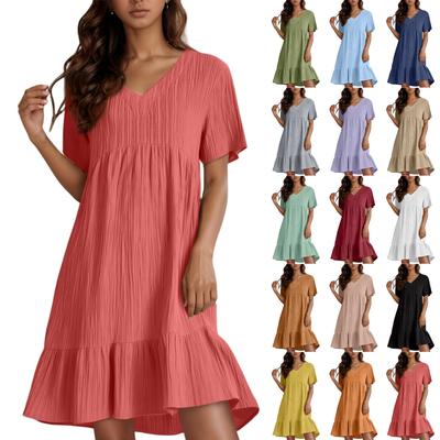 Женское повседневное и модное однотонное платье, свободное платье с короткими рукавами и застежкой на талии