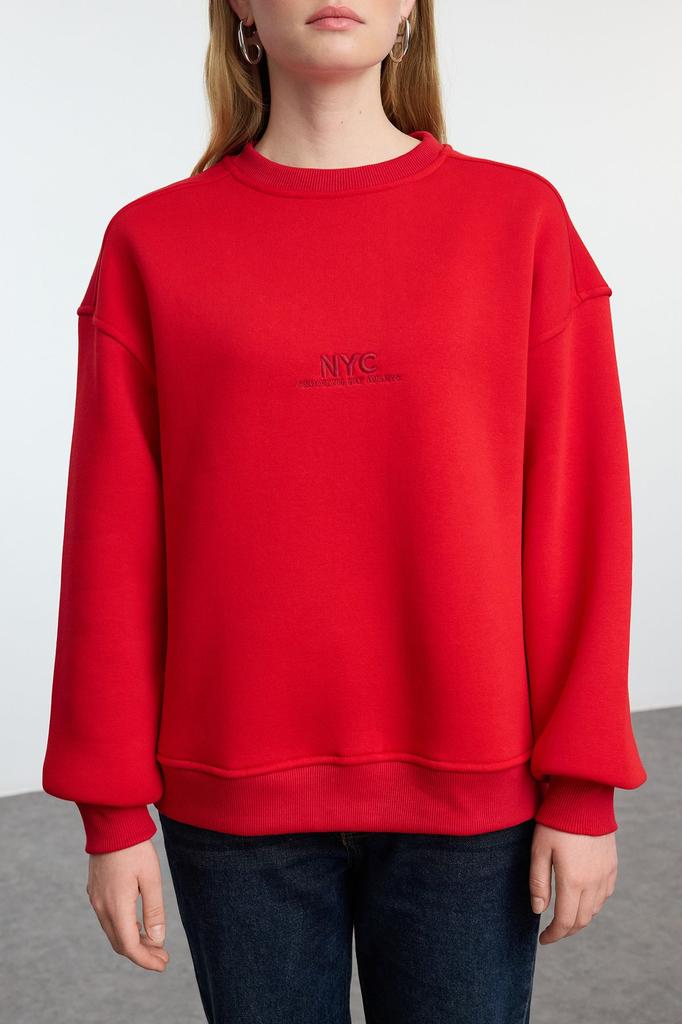 Женская модная стильная толстовка с красным слоганом и вышитым узором оверсайз, толстая внутри флисовая вязаная толстовка