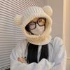 Шапка с медвежьими ушками, шарф, интегрированная шапка, женская зимняя универсальная защитная шапка-балаклава, вязаная шерстяная шапка Tide