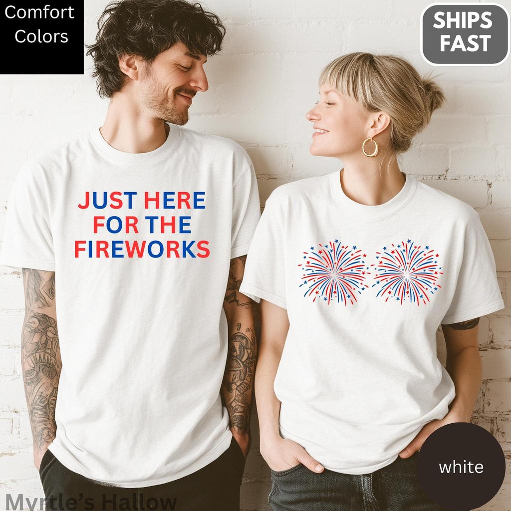 Comfort Colors® Matching 4th of July Couples Shirt and kids T-Shirt Just Here for the Fireworks, Patriotic Independence Day Tee Unisex Cotton