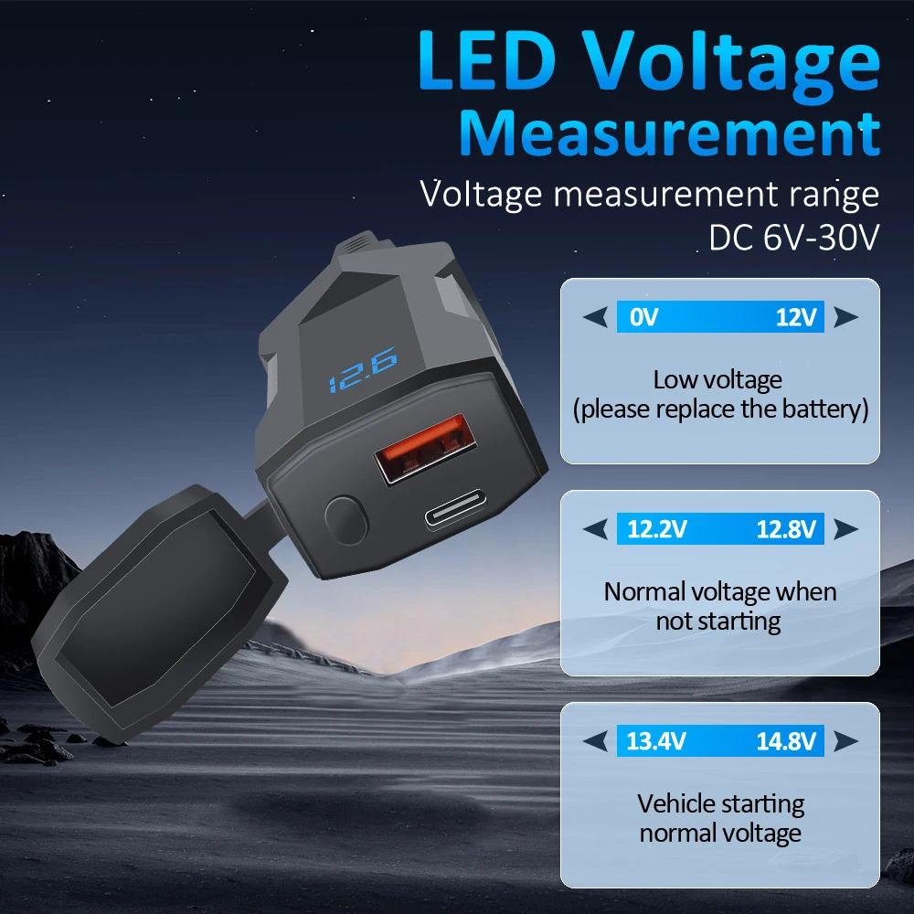 PD+QC3.0 Мотоциклетное USB Быстрое Сотовое Зарядное Устройство Руль Тип C Порт Разъем С Цифровым Вольтметром Зарядка