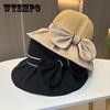 Bow Bucket Hat Hollow Straw Hat Women UV Protection Big Brim Sun Hat Cover Face Sun Protection Beach Hat