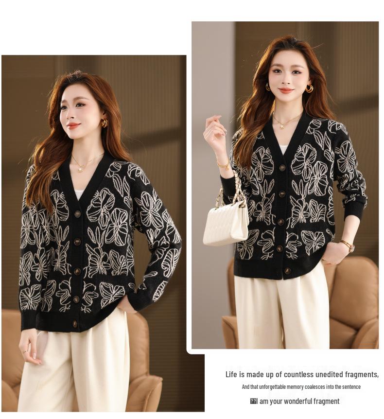 Женский кардиган жаккардовой вязки весна-осень 2025: Повседневное свободное пальто-свитер