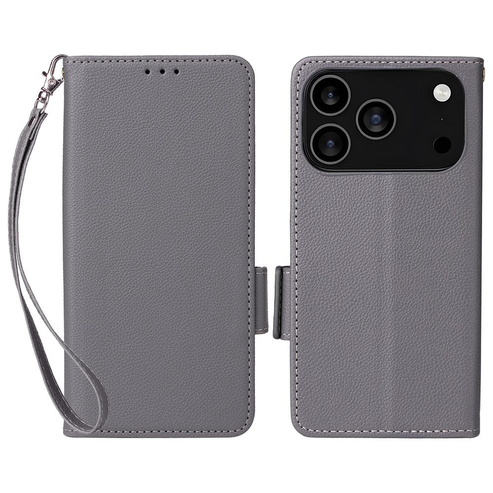 For iPhone 17 Pro Max Case with Wrist Strap Litchi Texture PU Leather Wallet Phone Cover