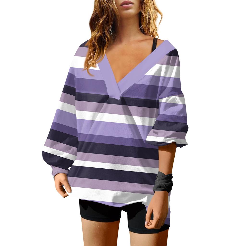 Женская мода полосатый принт V-образный вырез длинный рукав свободный пуловер свитшот топ