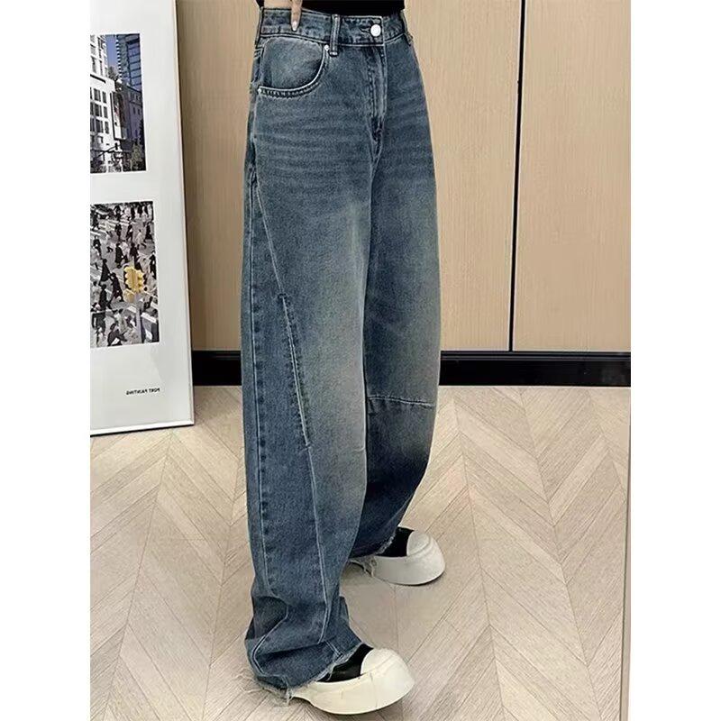 Ретро джинсы больших размеров с высокой посадкой и широкими штанинами для женщин - Стройнящие, Длина в пол, Весна/Осень