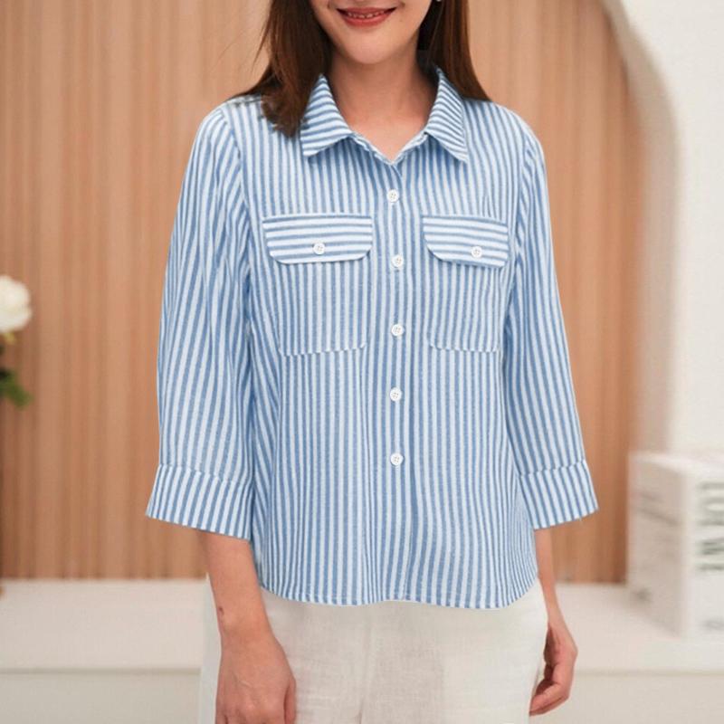 ZANZEA Женская блузка с отложным воротником, свободного кроя, с рукавом 3/4, в полоску