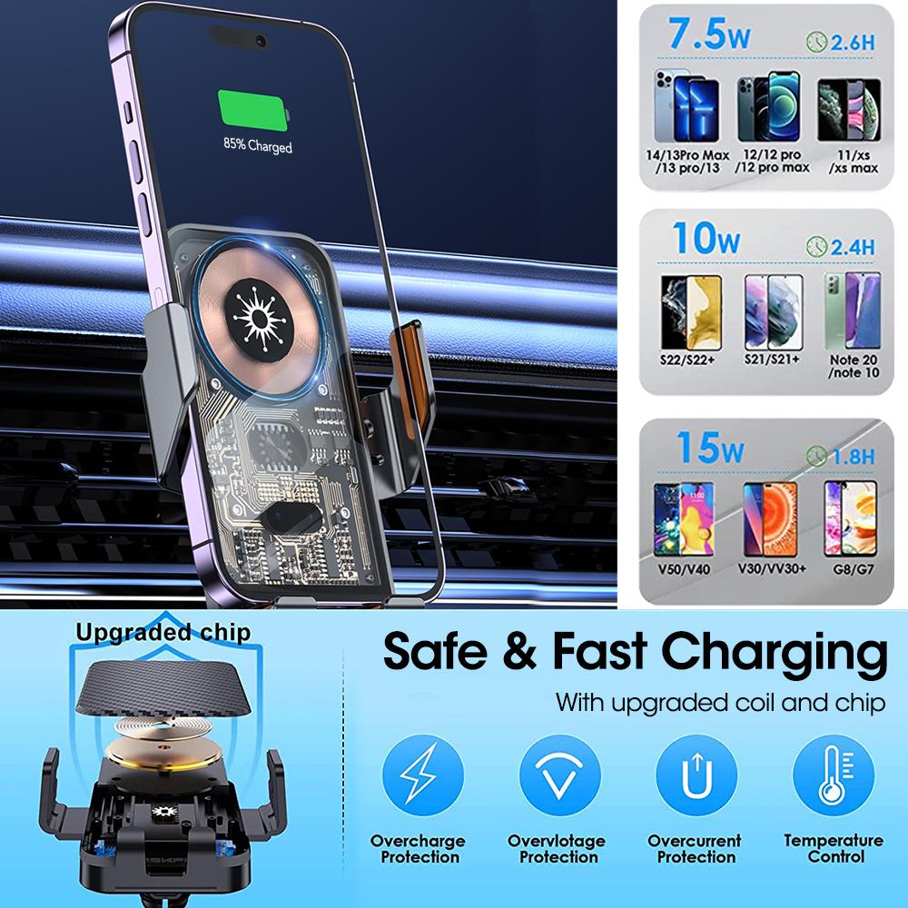 15W Car Wireless Charger Infrared Automatic Clamping Fast Charging Mount Stand Air Vent Phone Holder