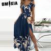 Женские длинные платья с V-образным вырезом и принтом, темпераментные, без рукавов, сексуальные, с разрезом
