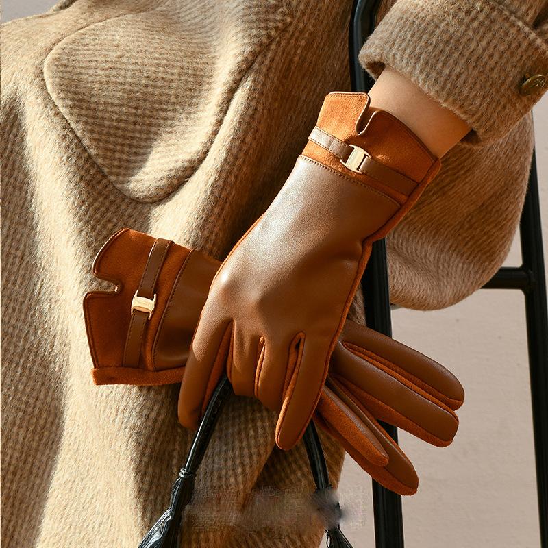 Новые кожаные перчатки женские зимние теплые флисовые утолщенные сенсорные зимние перчатки для вождения