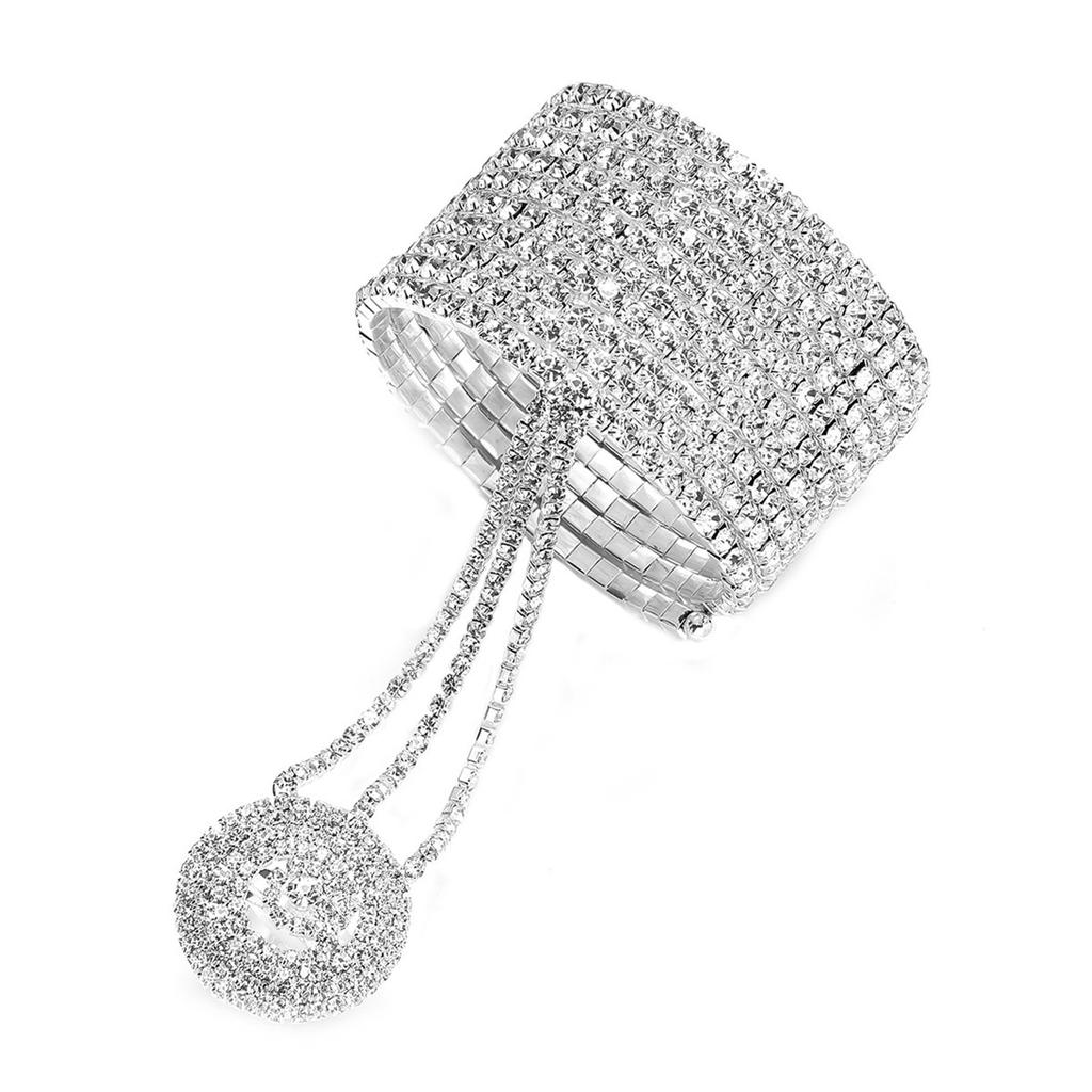 Fashion Multi-Layer Rhinestone Linked Finger Bracelet Women Shiny Full Diamond Bracelet Elastic Finger Chain Bridal Hand Jewellery