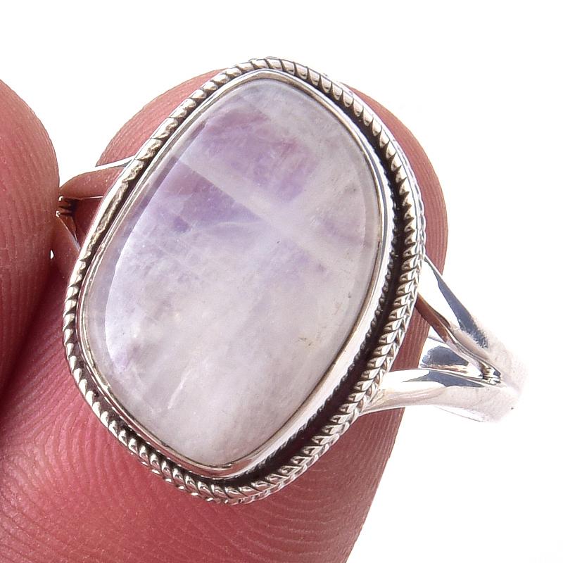 Натуральный Радужный Лунный Камень Драгоценный Камень Ручной Работы Серебряное Кольцо 925 пробы S.10 S7p56