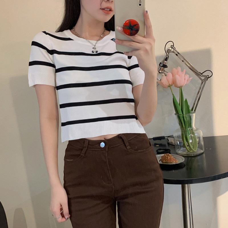 Женский ледяной шелк с круглым вырезом, универсальный пуловер в стиле ретро с коротким рукавом, вязаный короткий